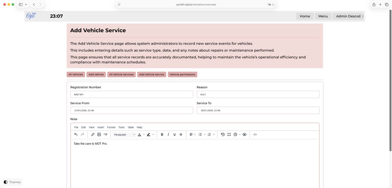 Create Vehicle Service - Ops365