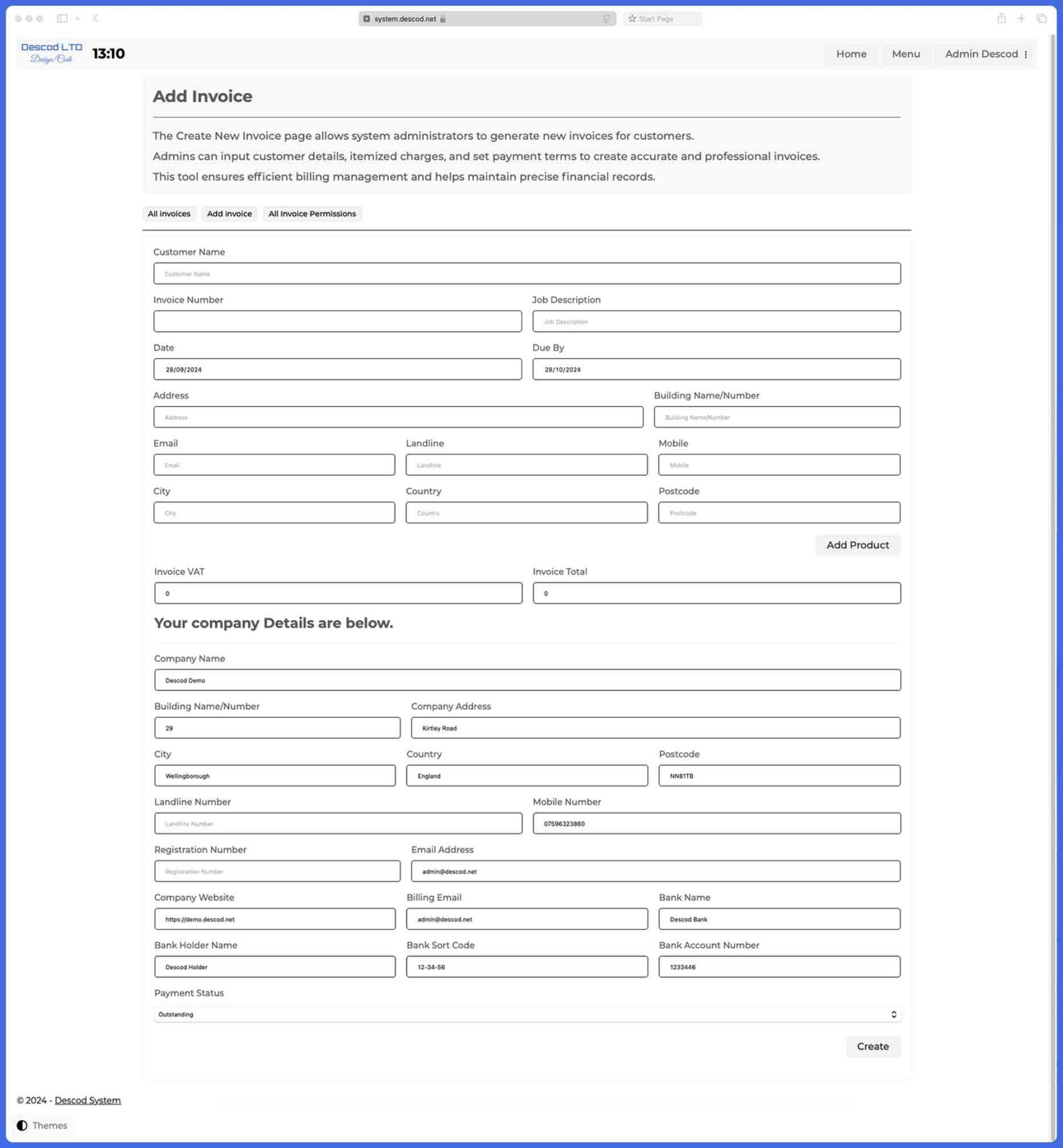 Descod System - Create Invoice application