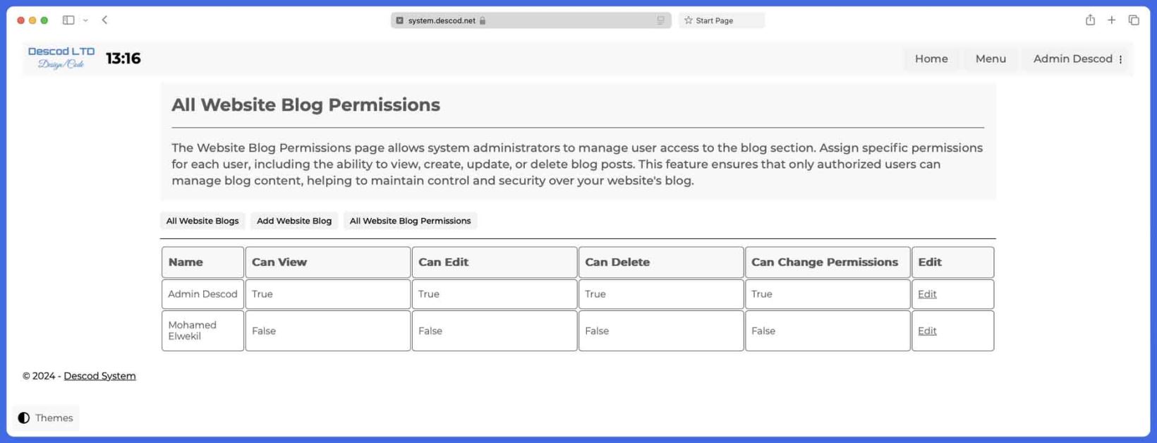 Descod System - Blogs application permissions