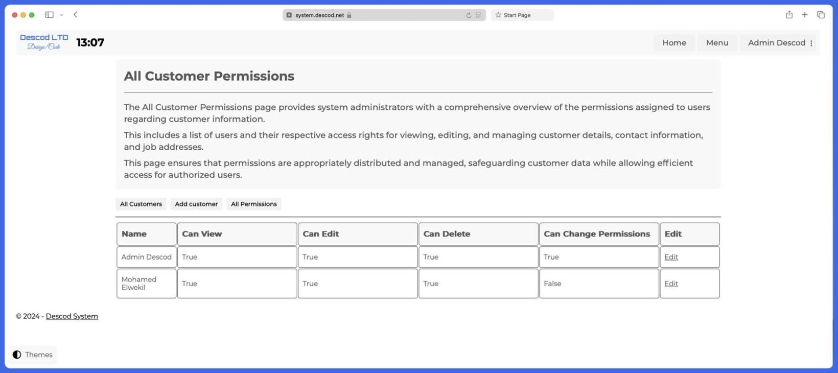 Descod System - Customer Application Permissions