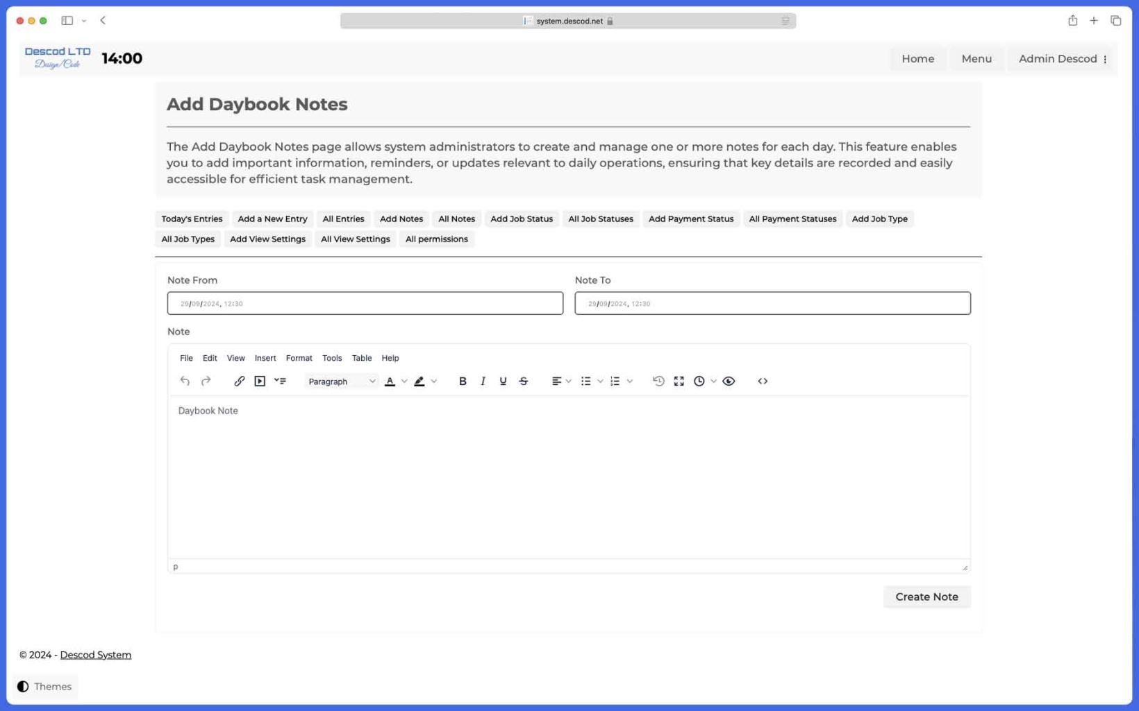 Descod System - Daybook application Notes 