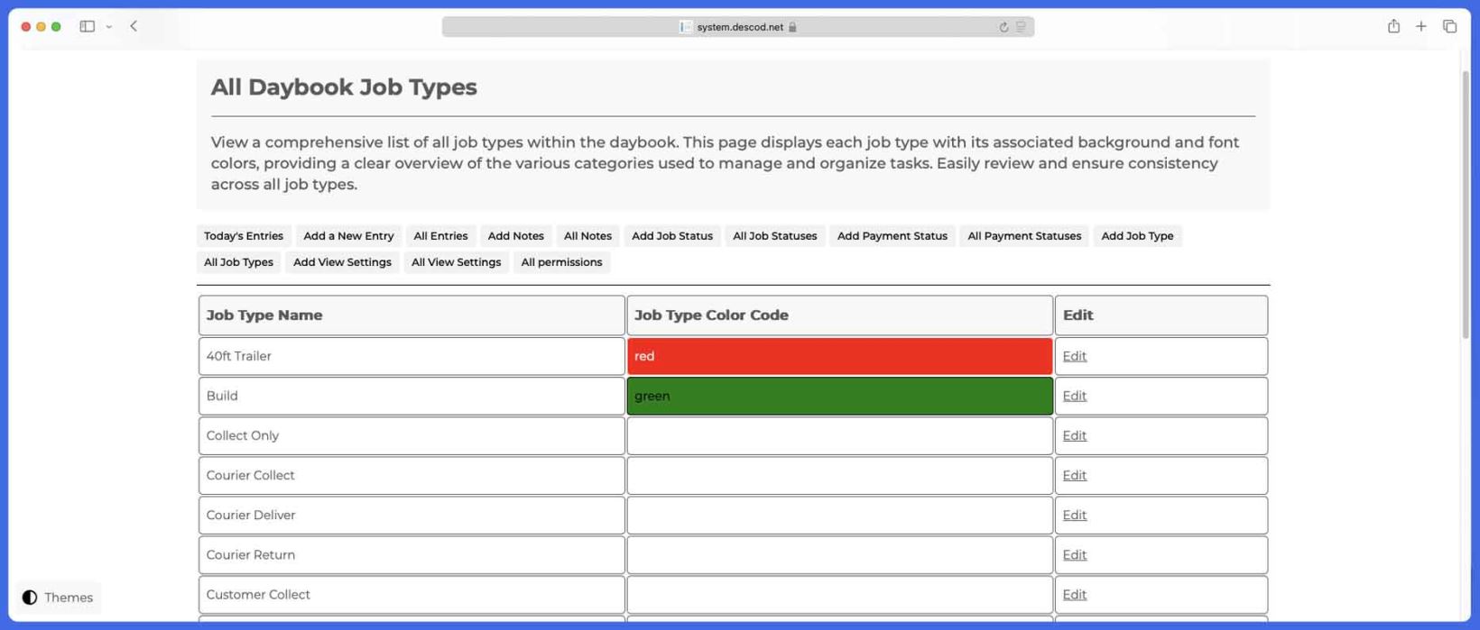 Descod System - Daybook application Job Types