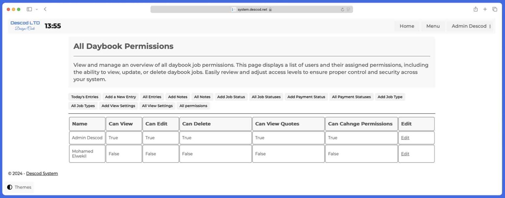 Descod System - Daybook application permissions