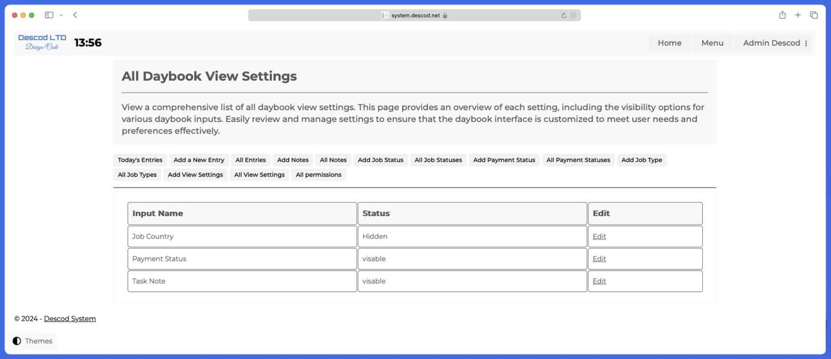 Descod System - Daybook application view settings