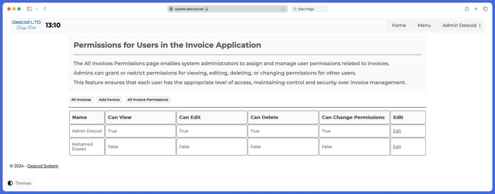 Descod System - Invoice application permissions